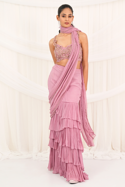 Tender Waves | Cashmare Rose Draped Layer Sarees