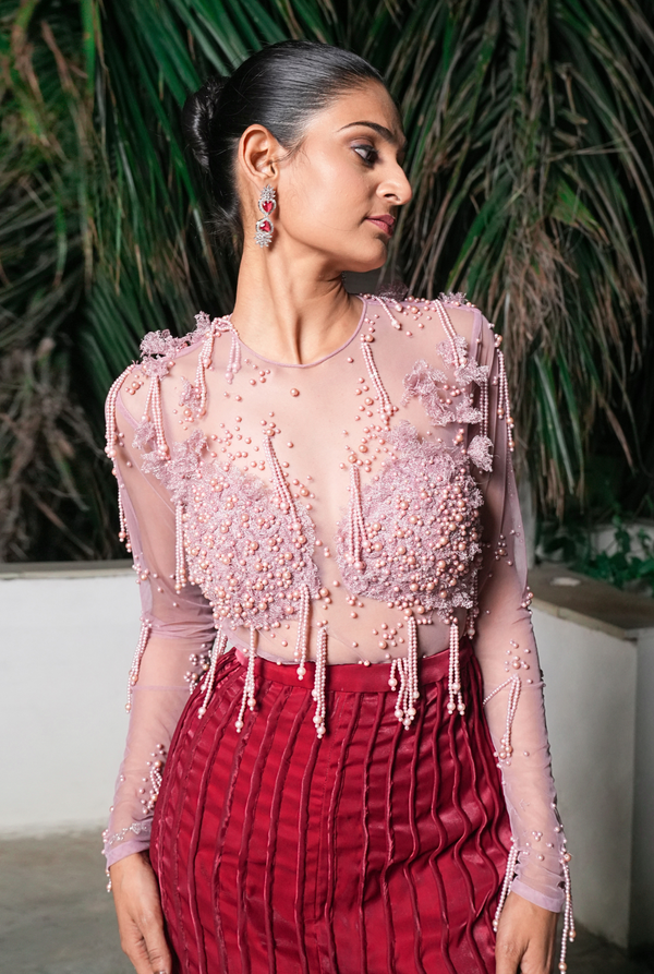 Pearled Flame | Pink bodysuit with red skirt