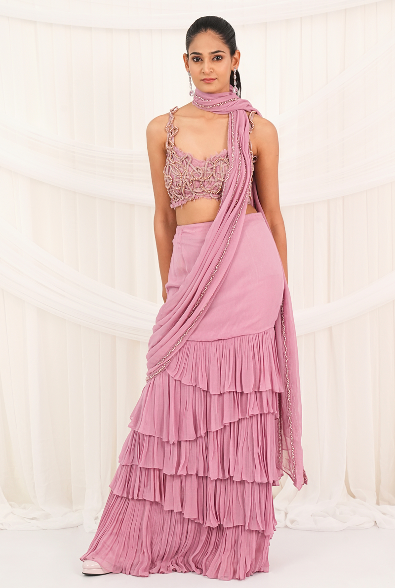 Tender Waves | Cashmare Rose Draped Layer Sarees
