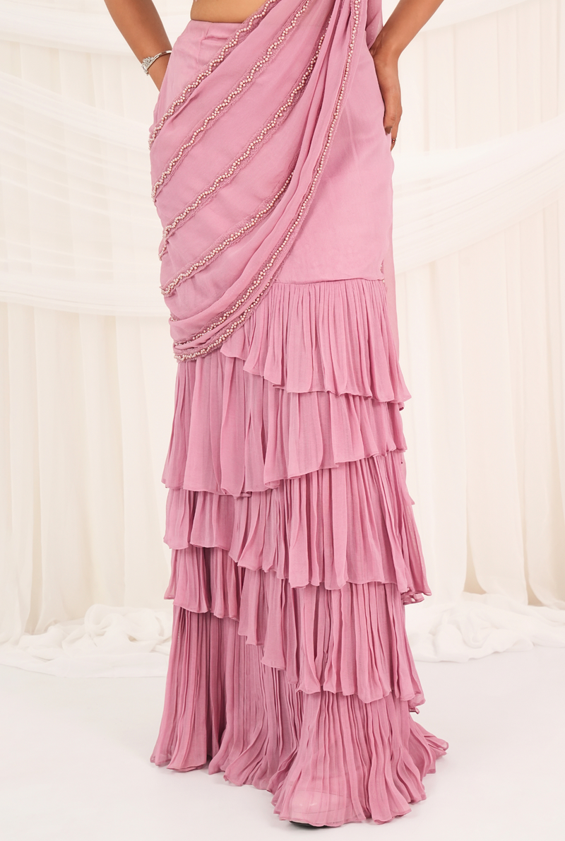 Tender Waves | Cashmare Rose Draped Layer Sarees