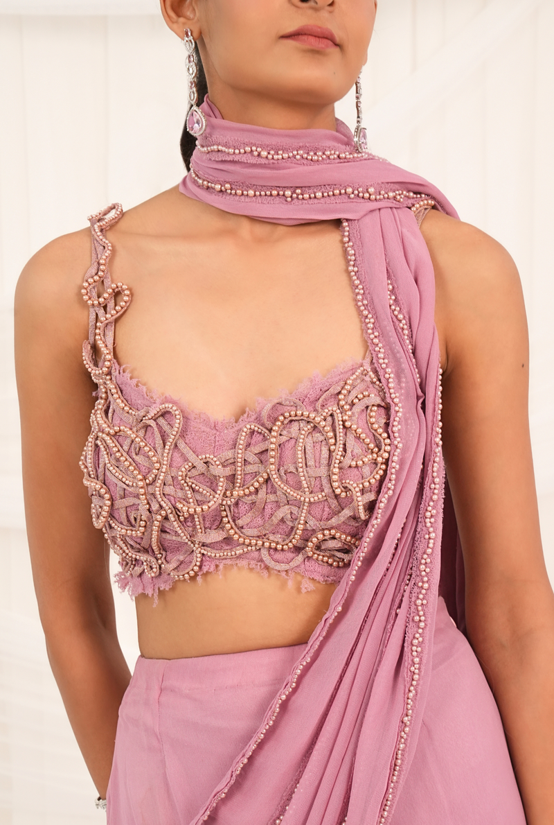 Tender Waves | Cashmare Rose Draped Layer Sarees