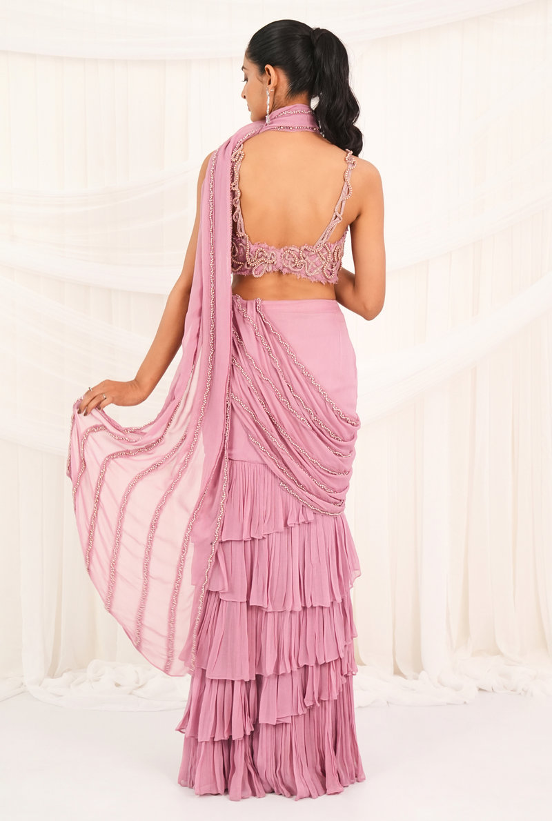 Tender Waves | Cashmare Rose Draped Layer Sarees