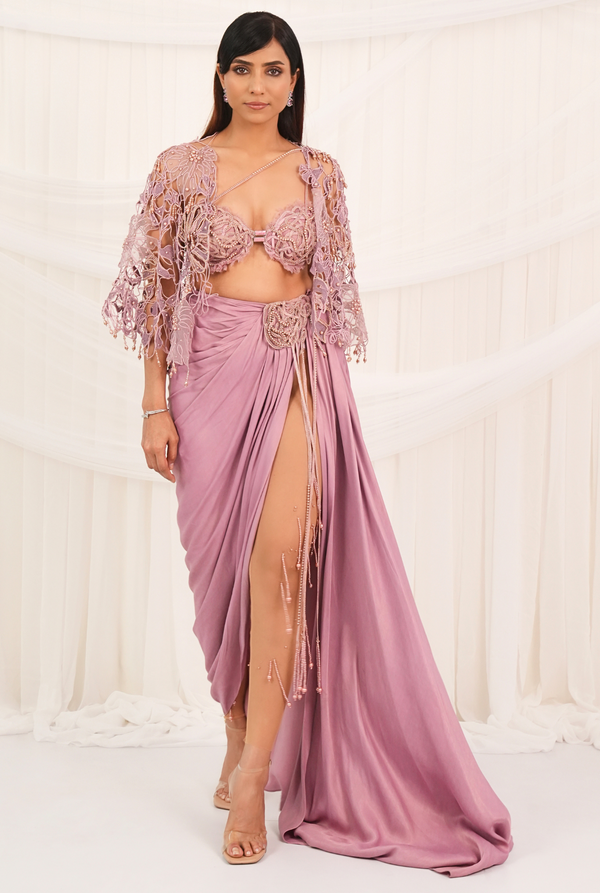 Moonlit Blush | Cashmere Rose Draped skirt with cape