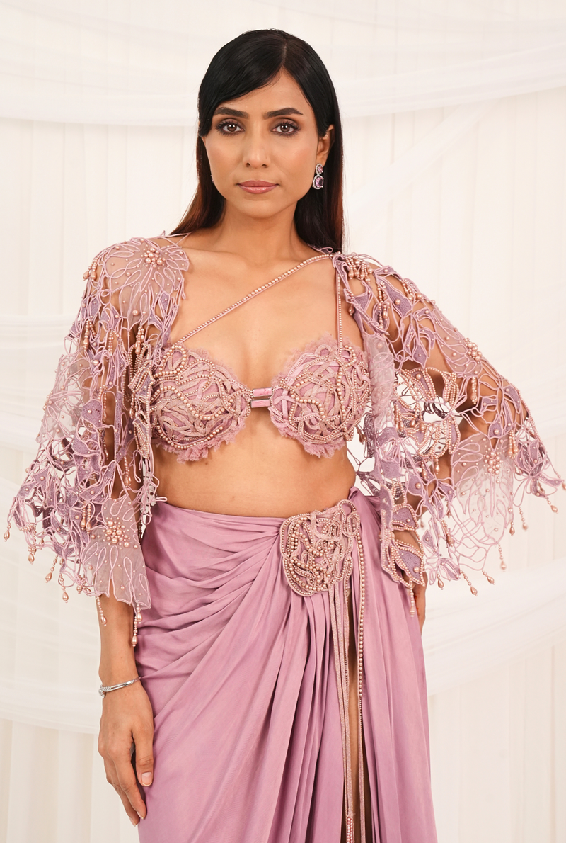 Moonlit Blush | Cashmere Rose Draped skirt with cape
