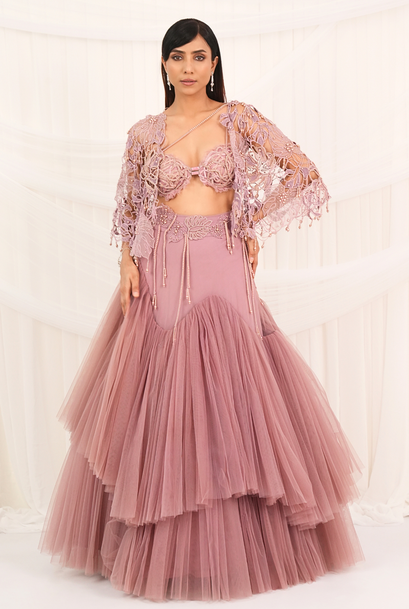 Dusky Breeze | Cashmare Rose Flair Lehenga set
