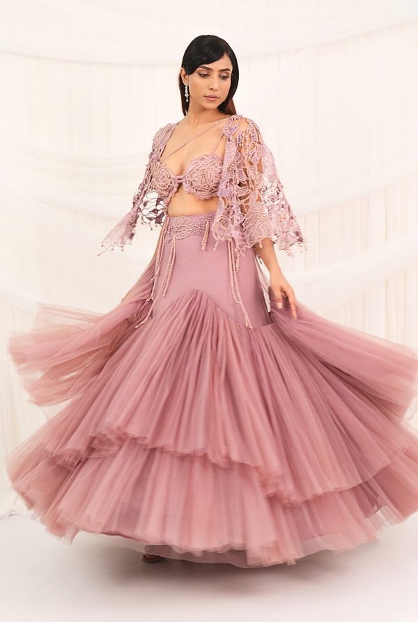 Dusky Breeze | Cashmare Rose Flair Lehenga set