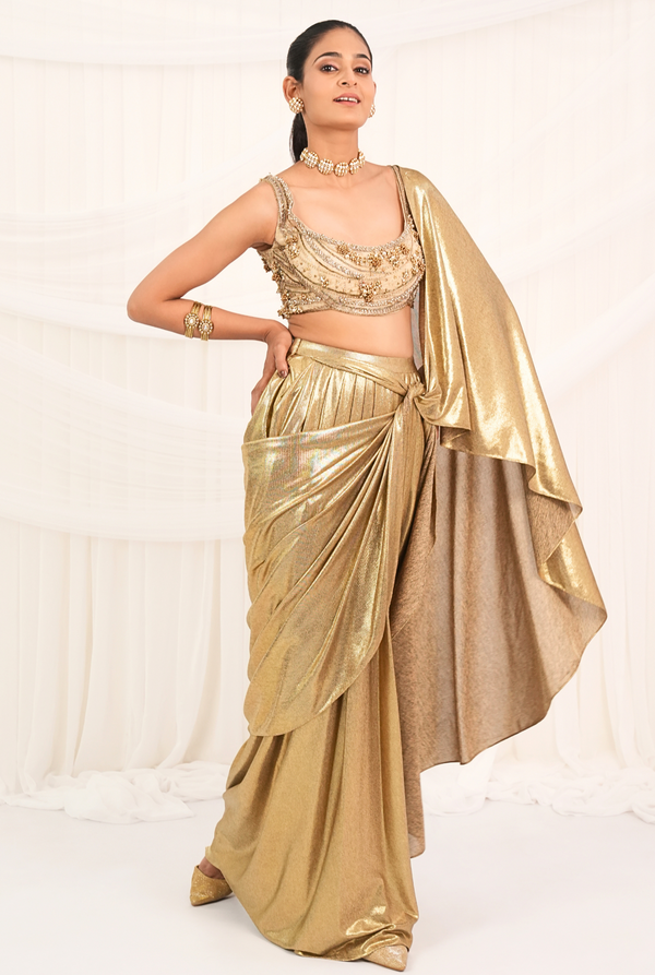 Pearl Knot Elegance | Gold knotted saree with pearl blouse