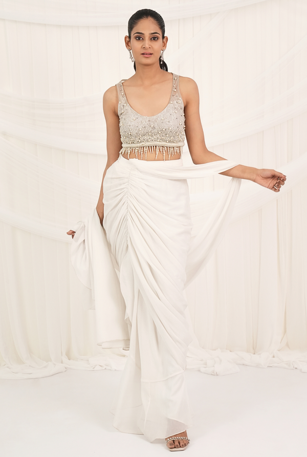 Pearl Pinnacle | Pearl Cream Draped Saree
