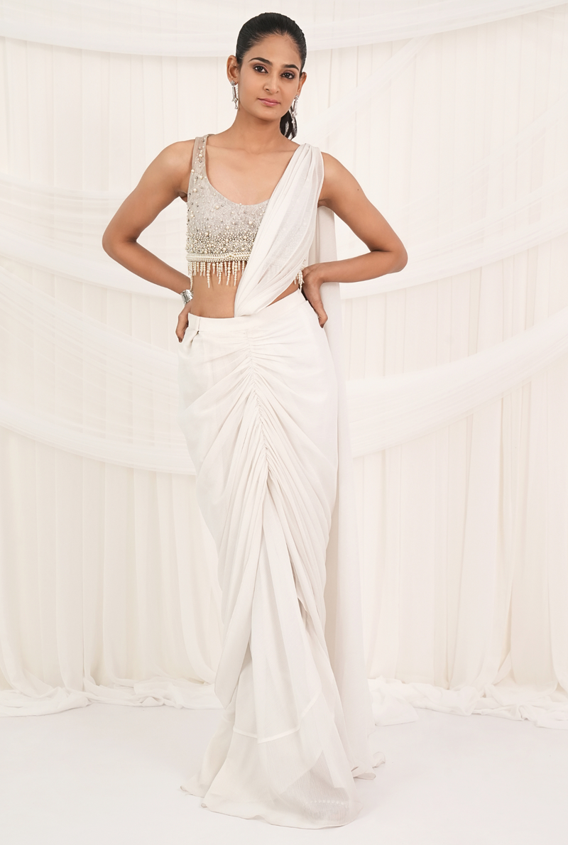 Pearl Pinnacle | Pearl Cream Draped Saree