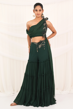 Aranya | Emerald Green Layer Palazzo with draped top