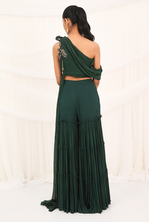 Aranya | Emerald Green Layer Palazzo with draped top