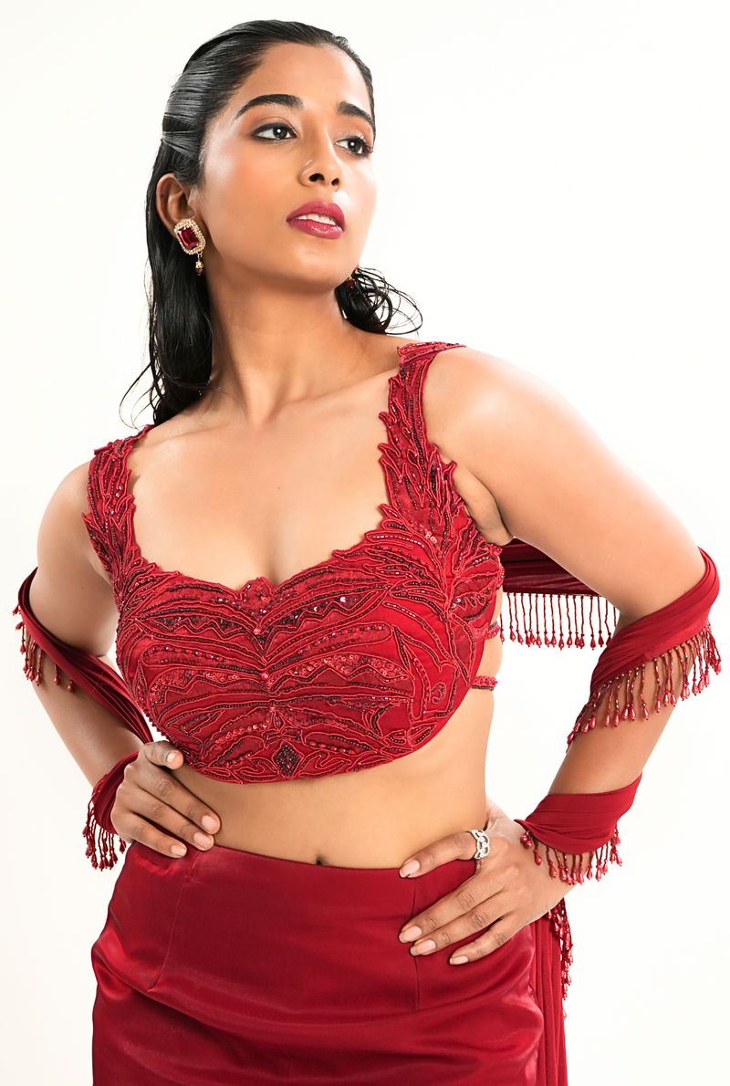 Red Whim | Red cutwork saree-skirt
