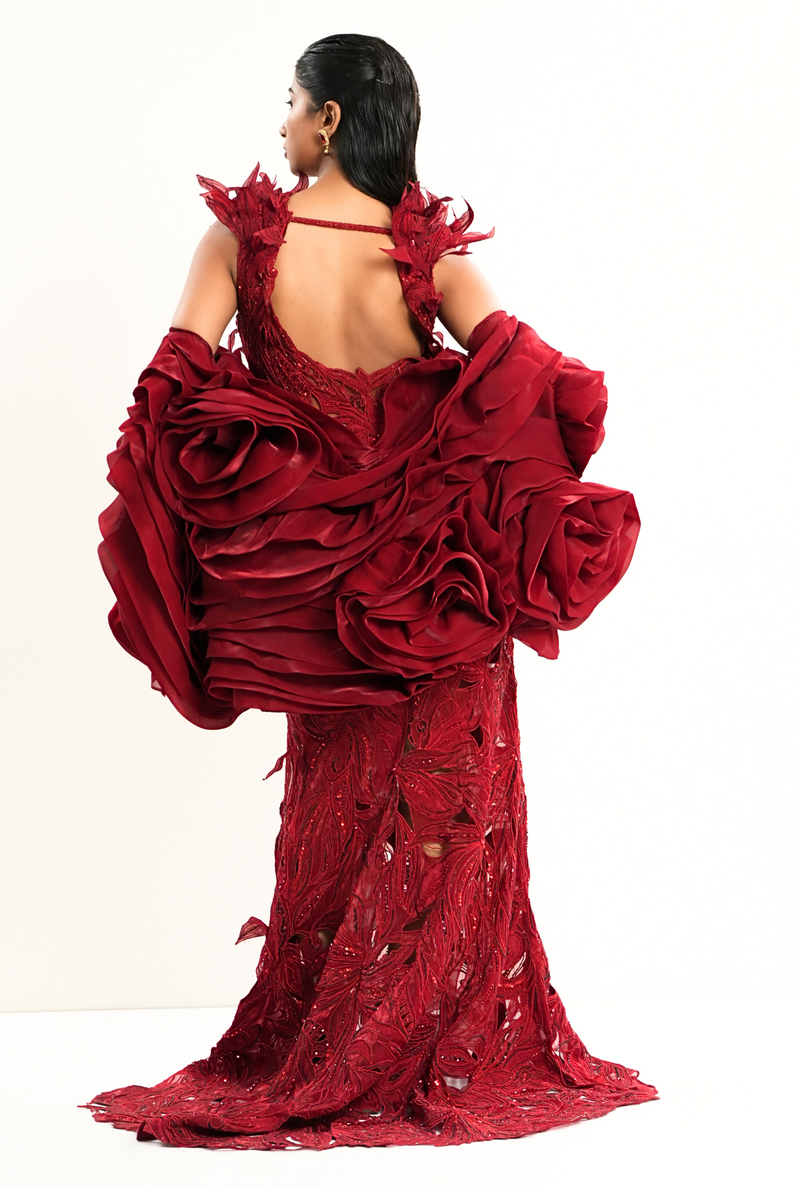 Rose Haze | Red mermaid cutwork gown