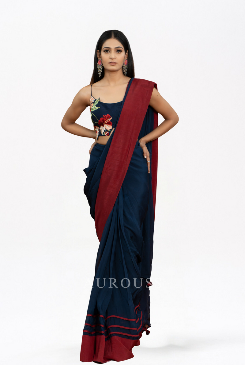Blue top with organza saree