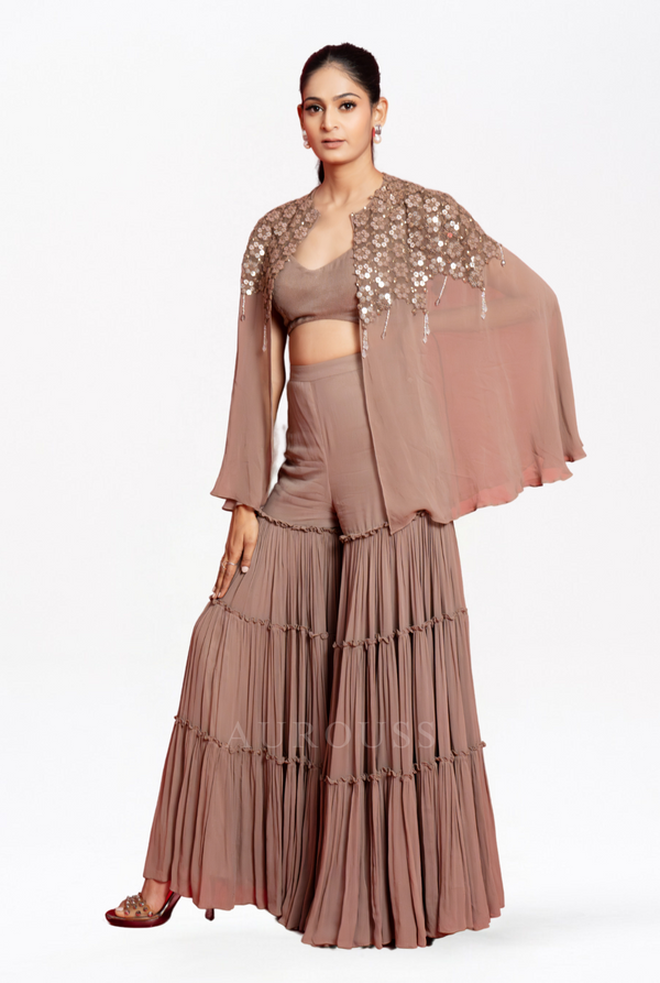 Grey bralette with 3 layer palazzo and cape