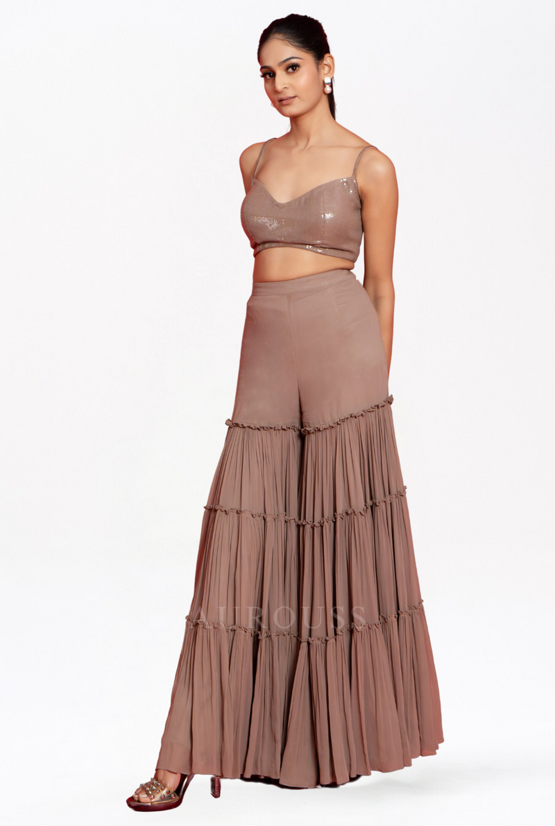 Grey bralette with 3 layer palazzo and cape
